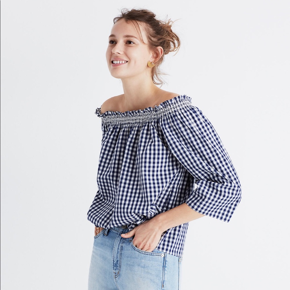 Madewell Smocked Gingham Off-the-Shoulder Top S